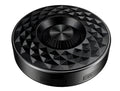 Mini circular Bluetooth speaker in black, orange and silvery white colours showing compact design