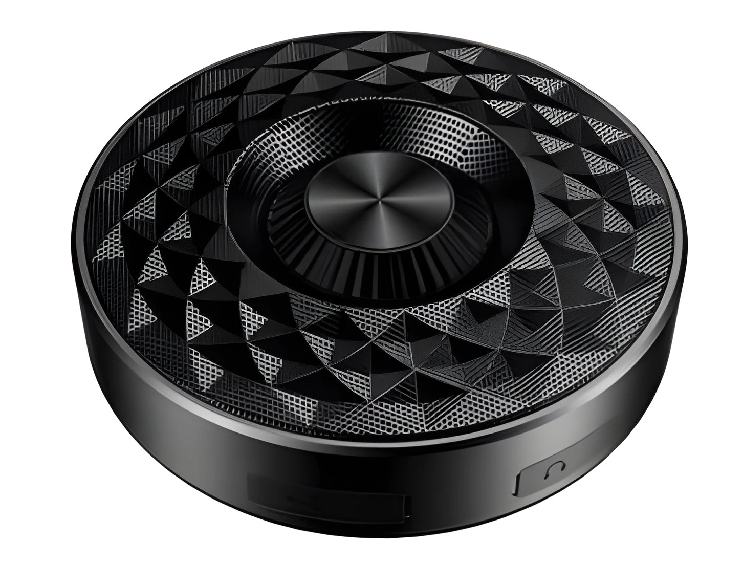 Mini circular Bluetooth speaker in black, orange and silvery white colours showing compact design