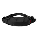 Black oxford cloth men's waist pack with crossbody strap, showing phone and ID pockets.