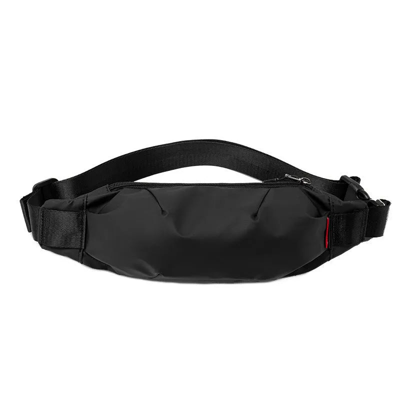 Black oxford cloth men's waist pack with crossbody strap, showing phone and ID pockets.