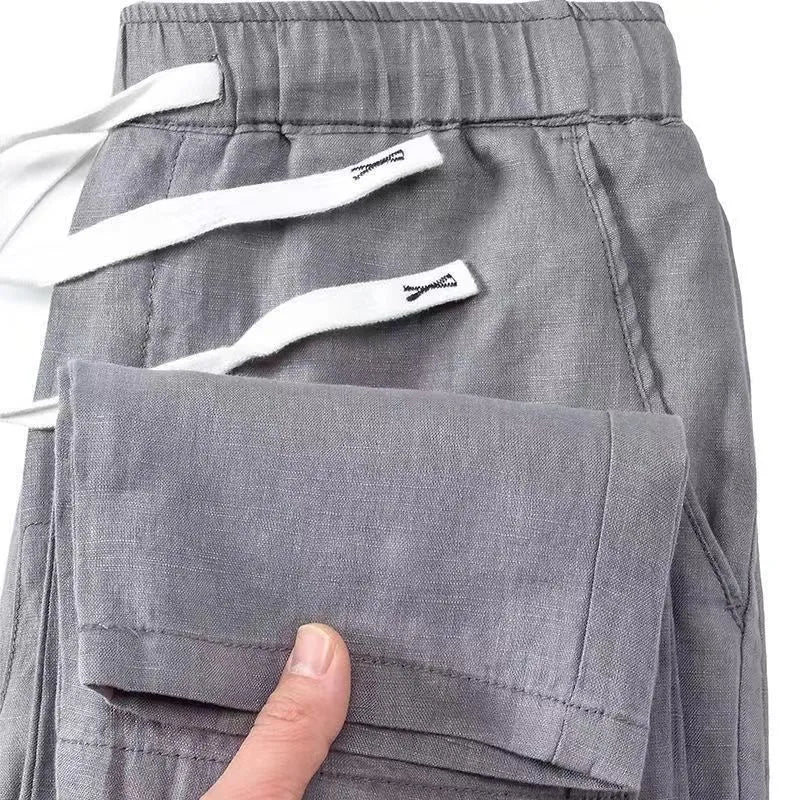 Pure linen blend Chinese-style straight leg trousers with a drawstring waist in apricot colour