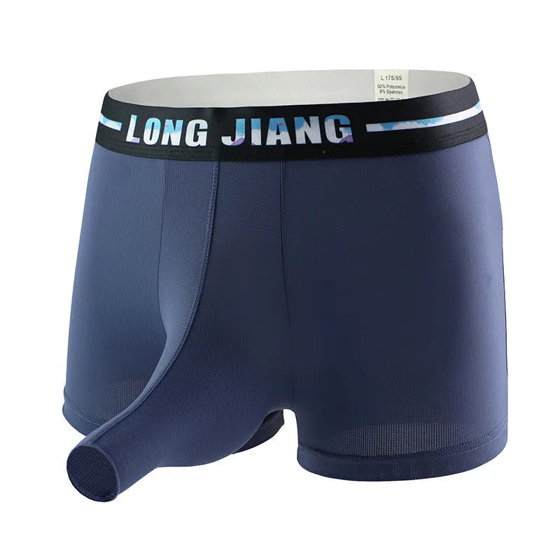 Men's Ice Silk trunk open boxers in grey blue colour, showing thin knitted fabric and mid waist design.