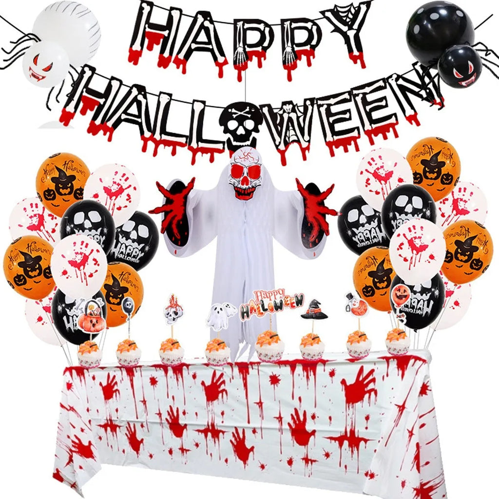 Halloween spider balloon arch combo with white and black skull and pumpkin latex balloons