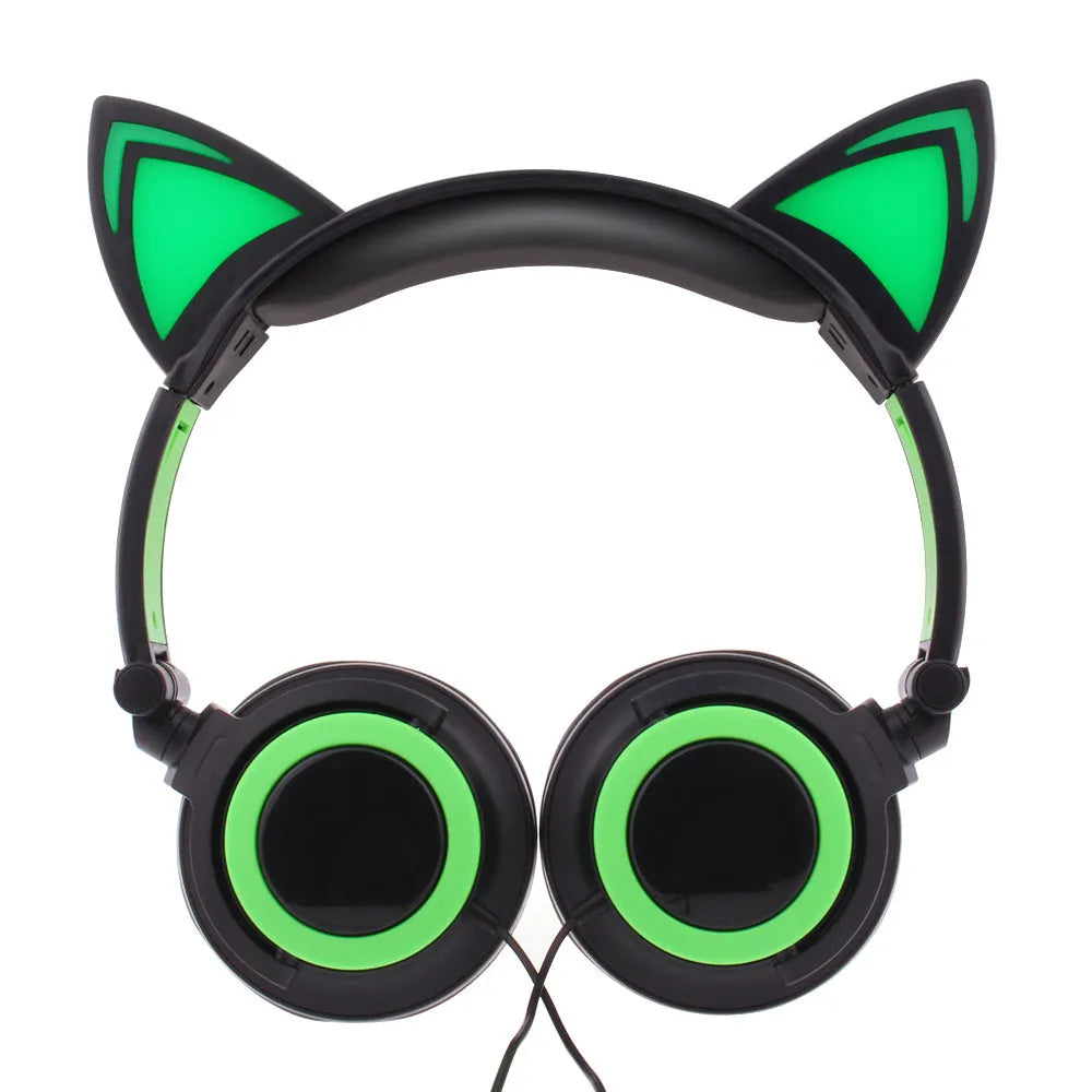 Colourful cat ear headphones with illuminated LED lights on the ears and ear cushions