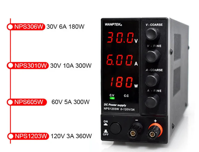 White adjustable DC bench power supply with display, model S605W, for electronics testing.