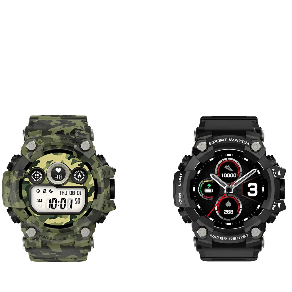 T6 Tactical Rugged Smart Watch in black or green with 1.3-inch screen and anti-sweat wristband.