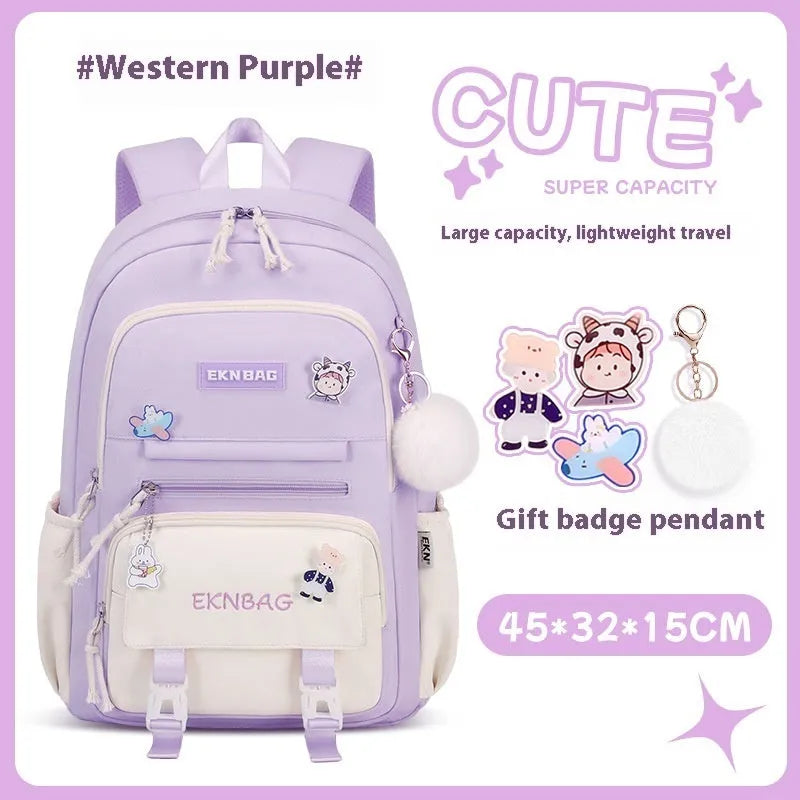 Girls waterproof Oxford cloth school backpack with curved straps and spine protection in solid colours for grade 5-6 students