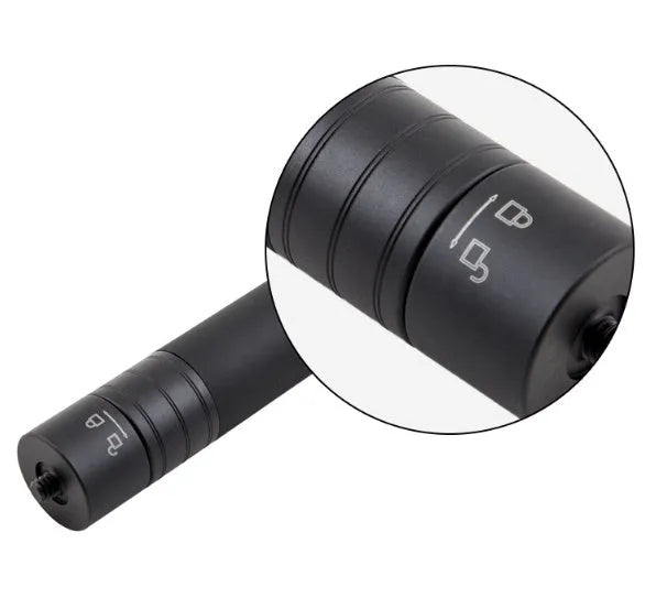 Black retractable selfie stick extended with smartphone mounted in adjustable holder