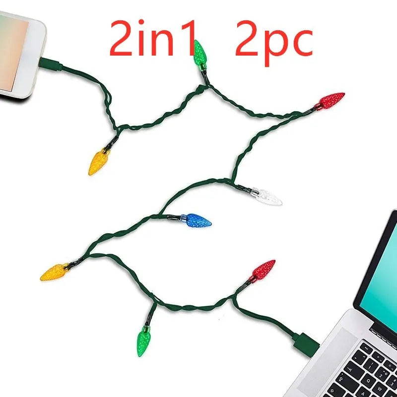 Green USB charging cable with 10 small LED lights illuminated along its length for festive decoration.