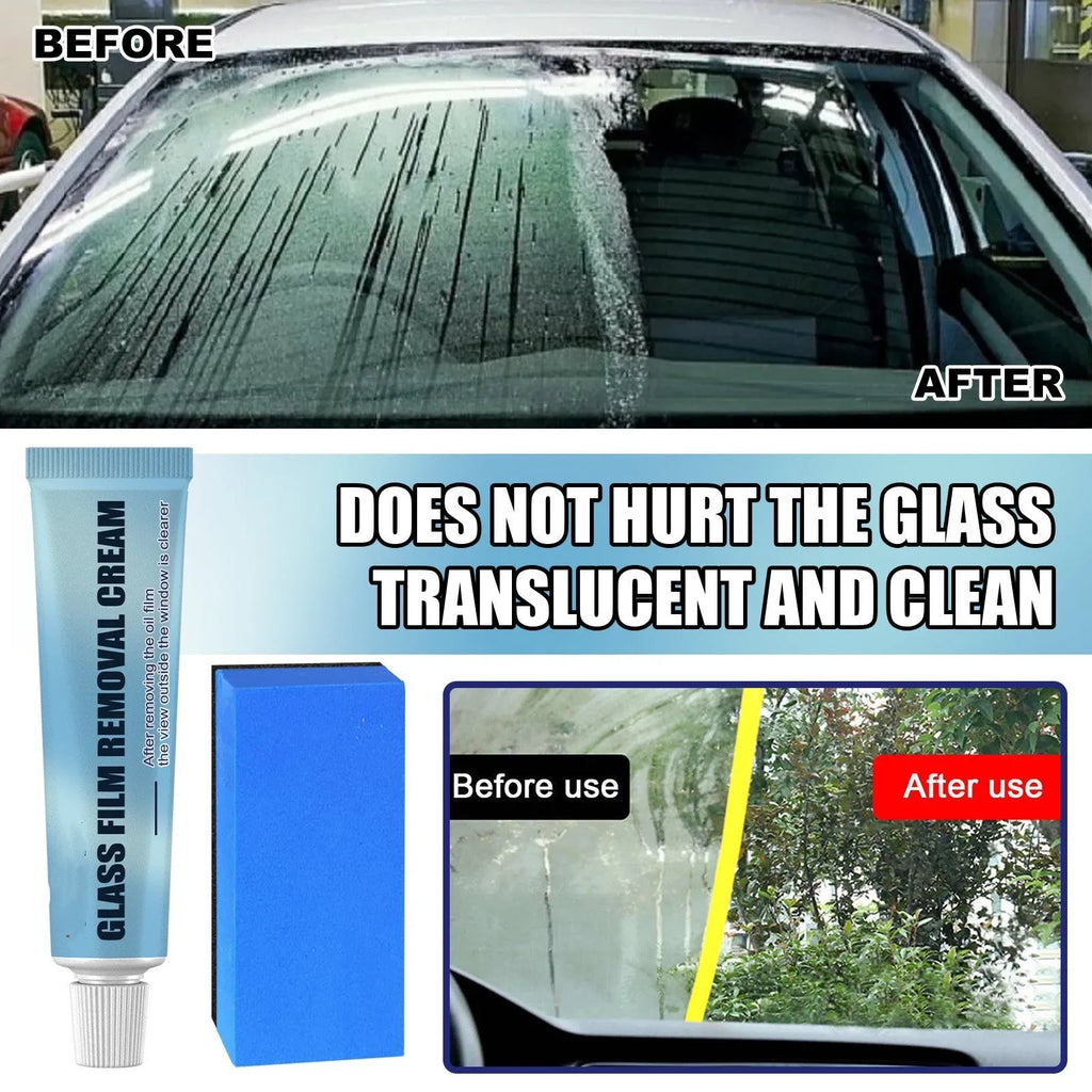 Blue car glass oil film remover with sponge applicator for windshield and window cleaning