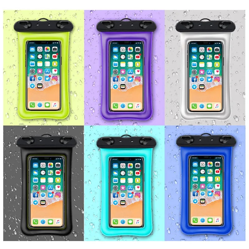 Orange waterproof phone pouch with clear window and black neck rope on a blue background.