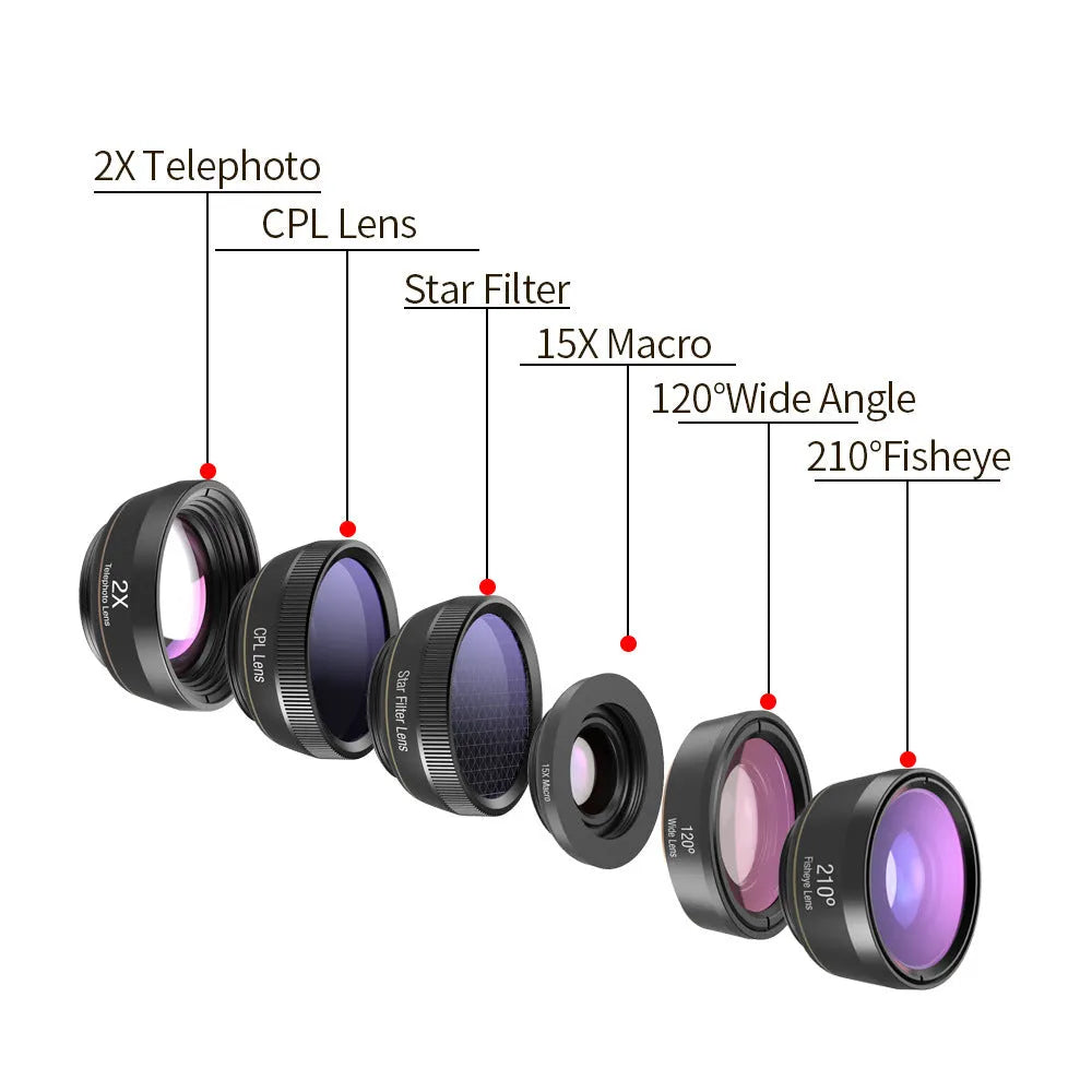 Black universal 6-in-1 mobile phone lens kit showing fisheye, macro, wide angle, telephoto, CPL and star filter lenses with clip.