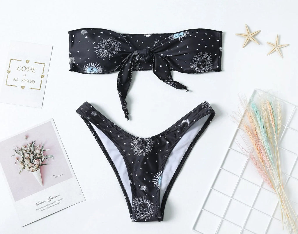 Black printed one-piece swimsuit with bikini print split tube top and backless design