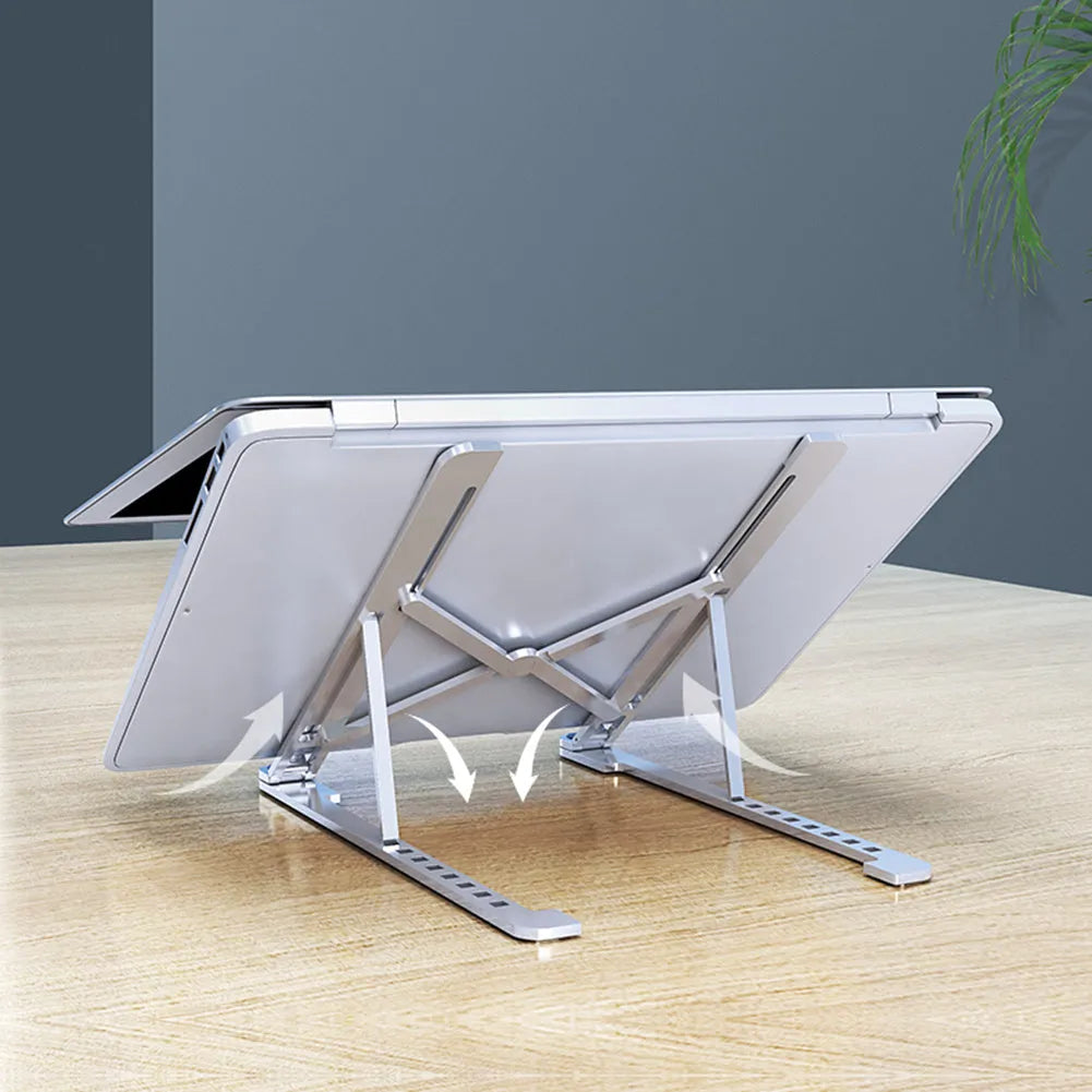 Aluminium laptop stand folded and unfolded showing adjustable height mechanism in silver finish