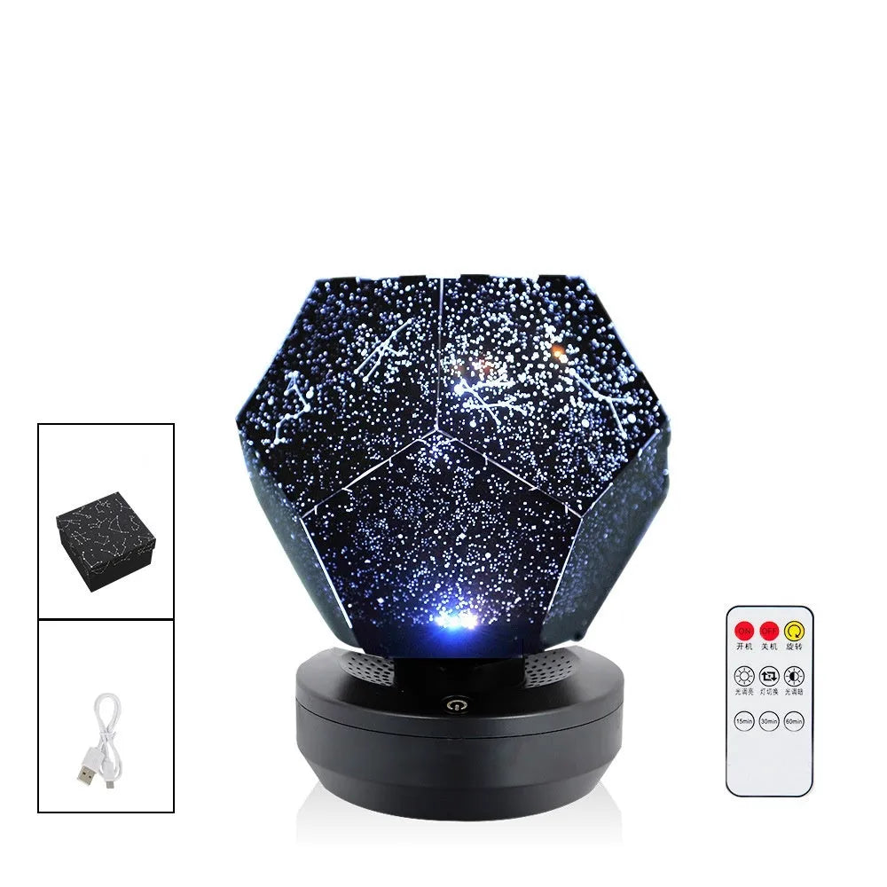 LED star projector showing 3D constellation projection on bedroom ceiling with remote control