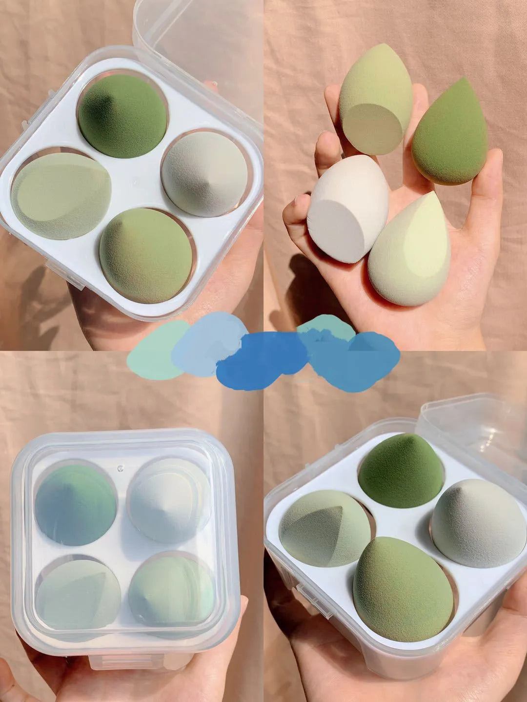 Cube-shaped plastic makeup sponge storage case containing four coloured synthetic beauty egg sponges.