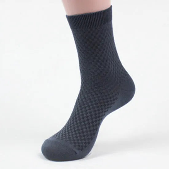 Men's bamboo fibre business socks with small square pattern in black, grey blue, iron grey, navy blue, and silver grey colours