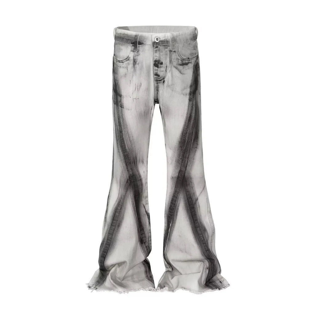 White American street retro heavy rough selvedge jeans with black ribbon gradient detailing and mid waist cut