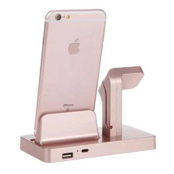 White 2-in-1 charging dock station holding an iPhone and an Apple Watch on a desk
