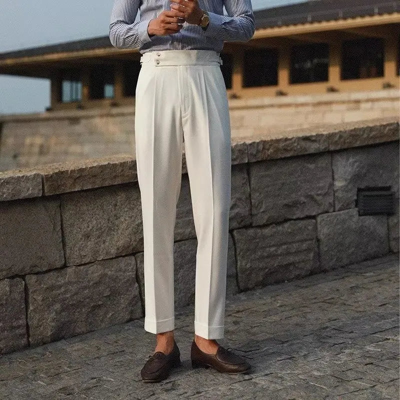 Slim fit straight-leg suit trousers in apricot, black, and white colours