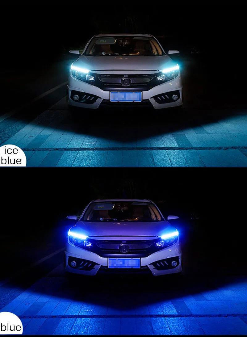 Flexible silicone car LED daytime running light and turn signal strip showing length options