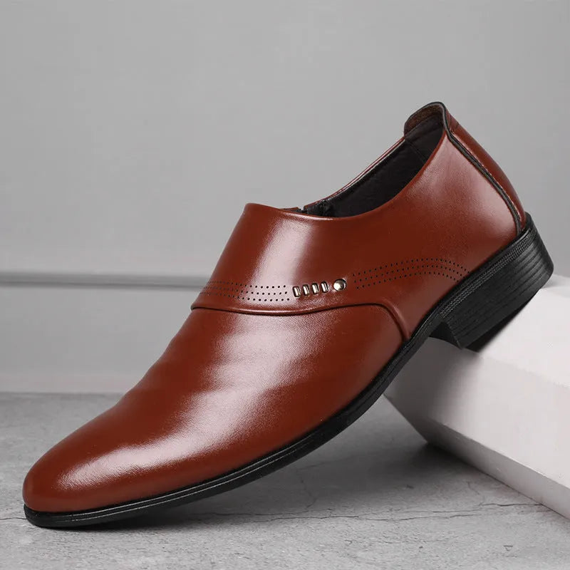 Men's casual black pointed toe leather shoes with low heel and elastic band