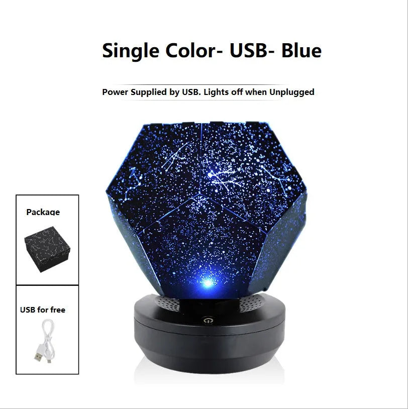 LED star projector showing 3D constellation projection on bedroom ceiling with remote control