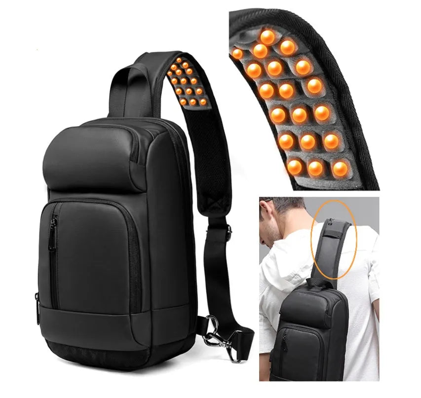 Black PVC outdoor shoulder bag showing internal organisation compartments and air cushion strap
