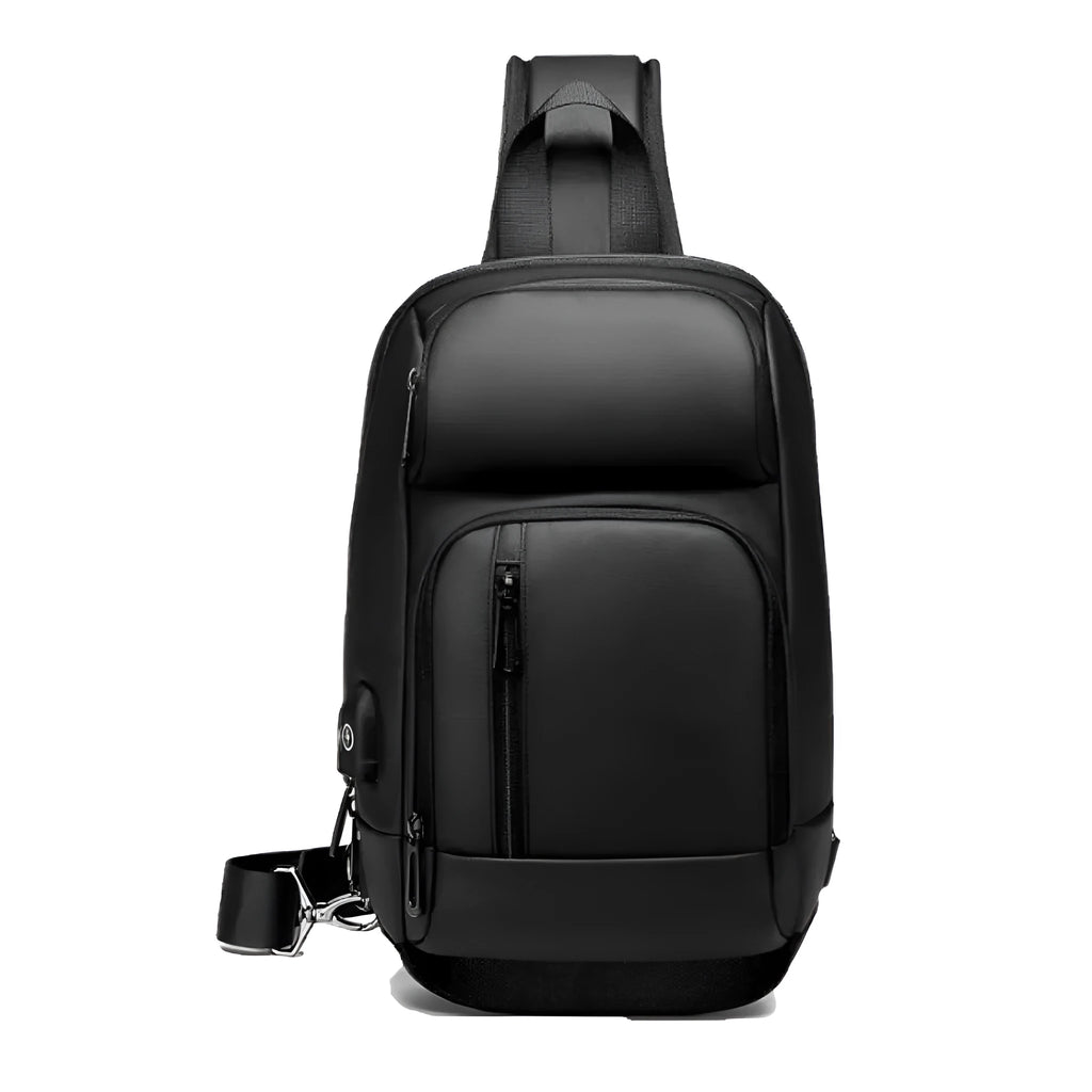 Black PVC outdoor shoulder bag showing internal organisation compartments and air cushion strap
