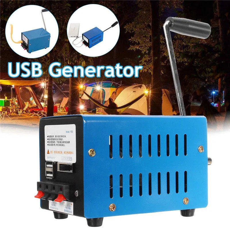 Blue metal hand crank emergency USB power generator showing handle and output ports.