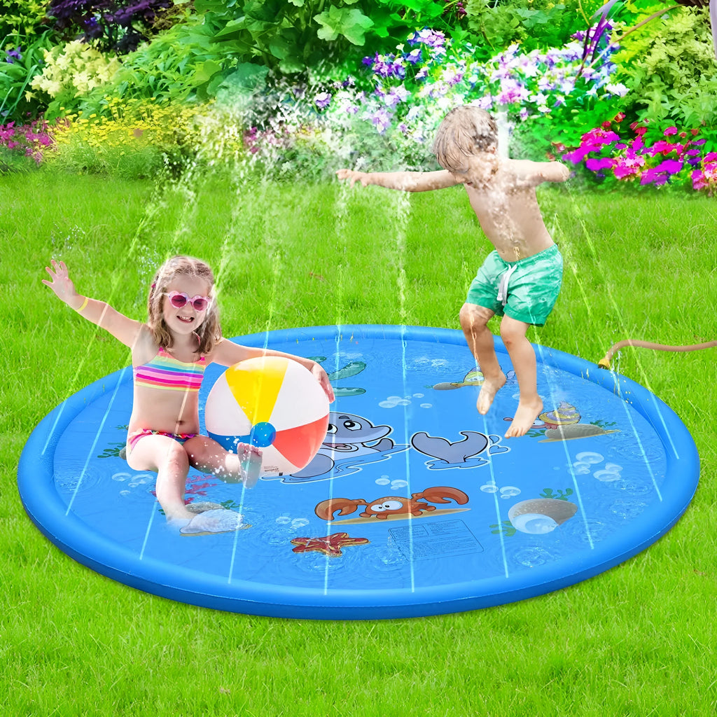 Blue PVC children's water spray mat with marine animal prints, measuring 100cm by 170cm