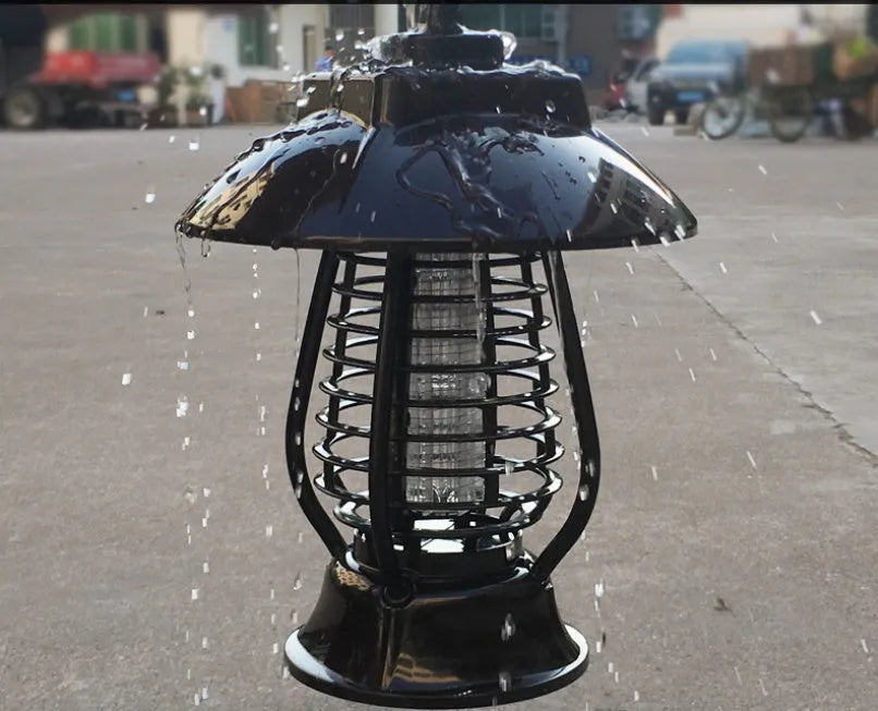 White solar powered outdoor mosquito repellent lamp with solar panel on top and LED light beads.