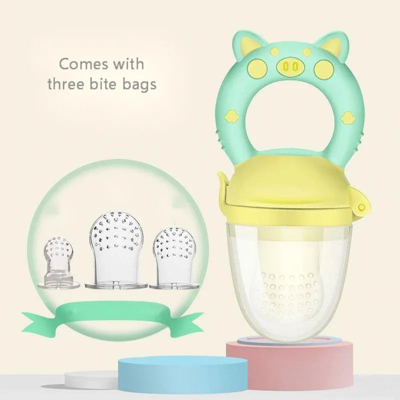 Soft silicone baby teether in blue, green, or pink colour options.