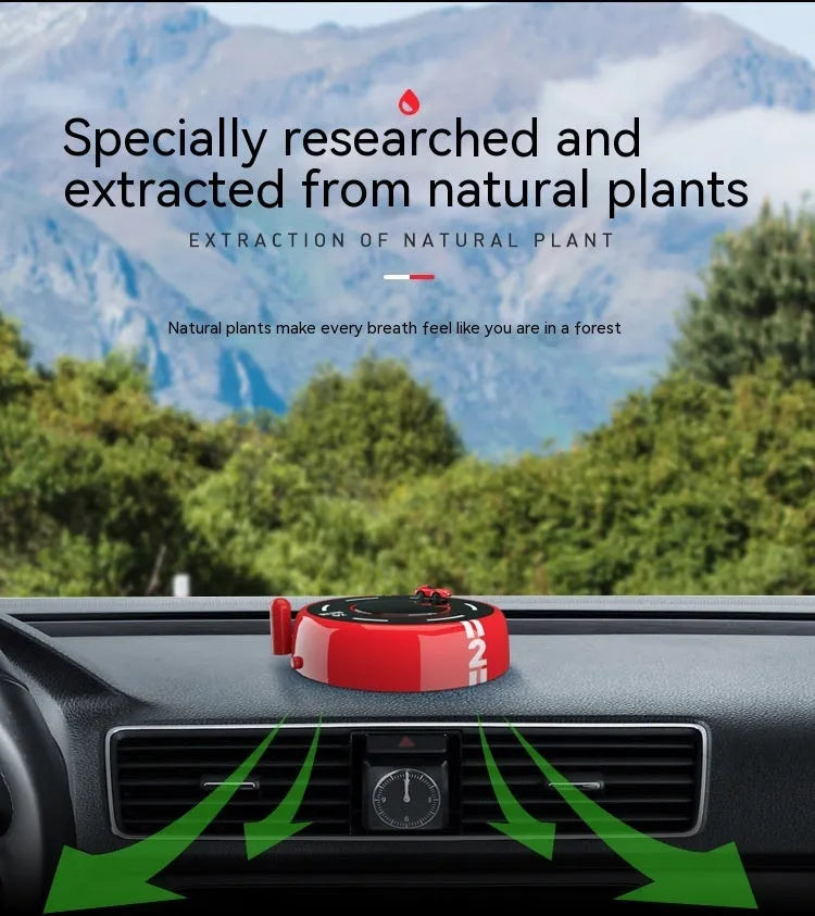 Round solar-powered car air freshener and decorative light in black, red or white modern design