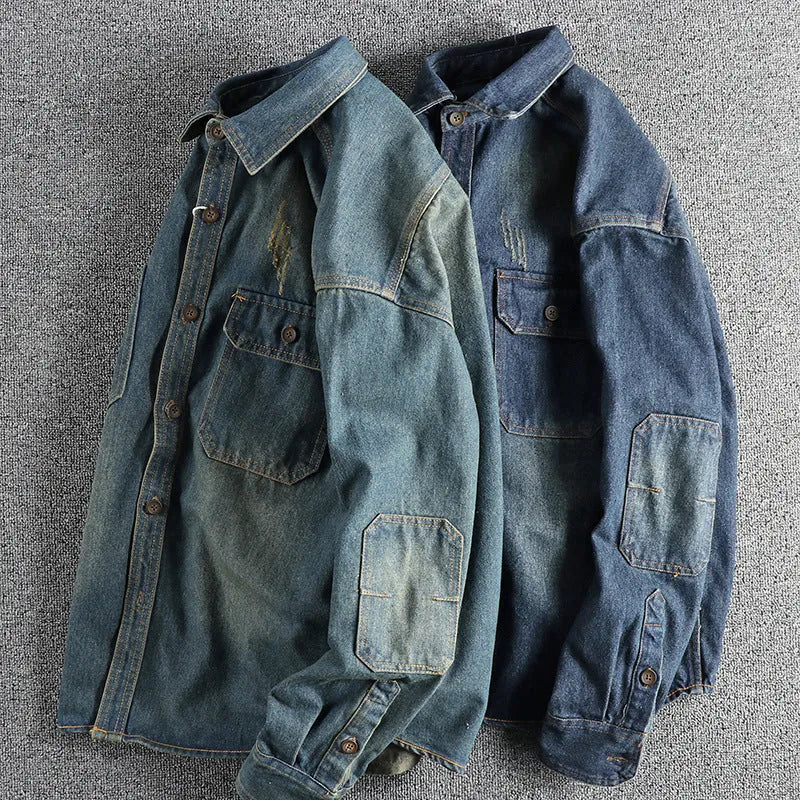 Men's light blue vintage washed denim shirt with loose fit and cardigan style