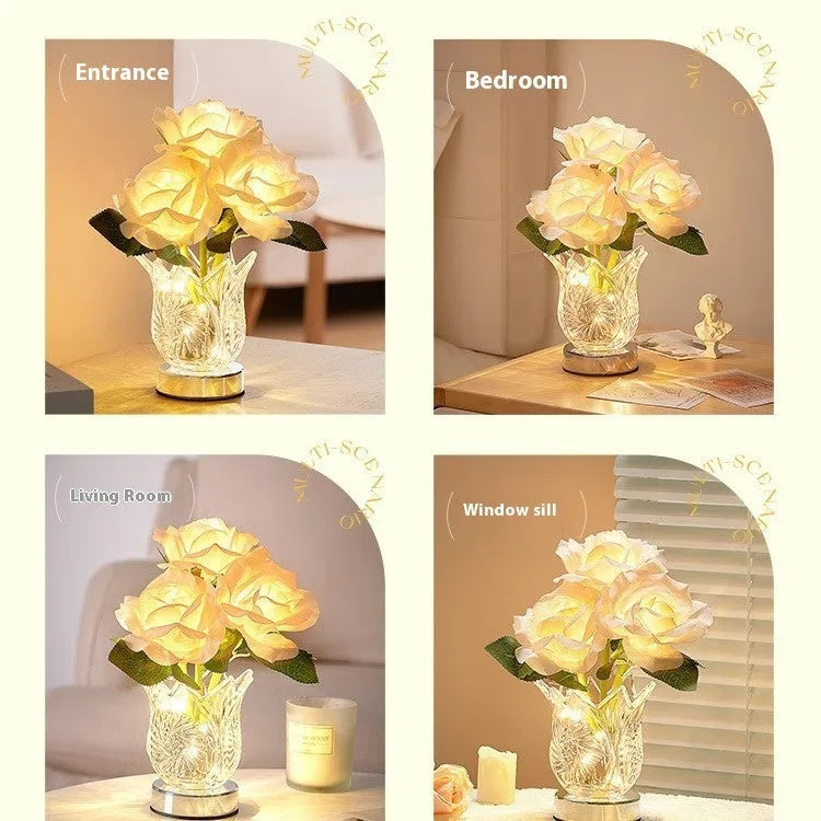 Modern crystal flowers bedside table lamp with USB charging port and touch-sensitive dimming control.