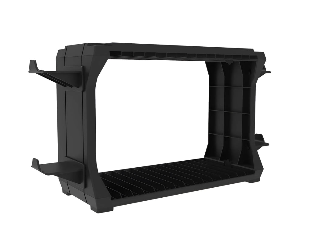 Black PS5 disc holder stand storing game discs and four controllers