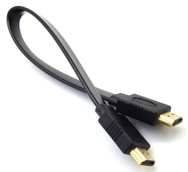 Flat black HDMI cable with male connectors shown alongside length options from 0.3m to 10m