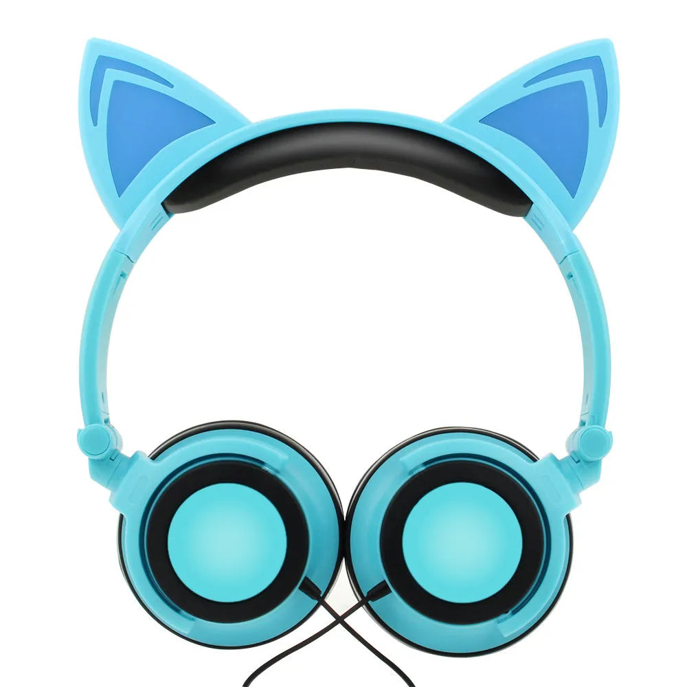 Colourful cat ear headphones with illuminated LED lights on the ears and ear cushions