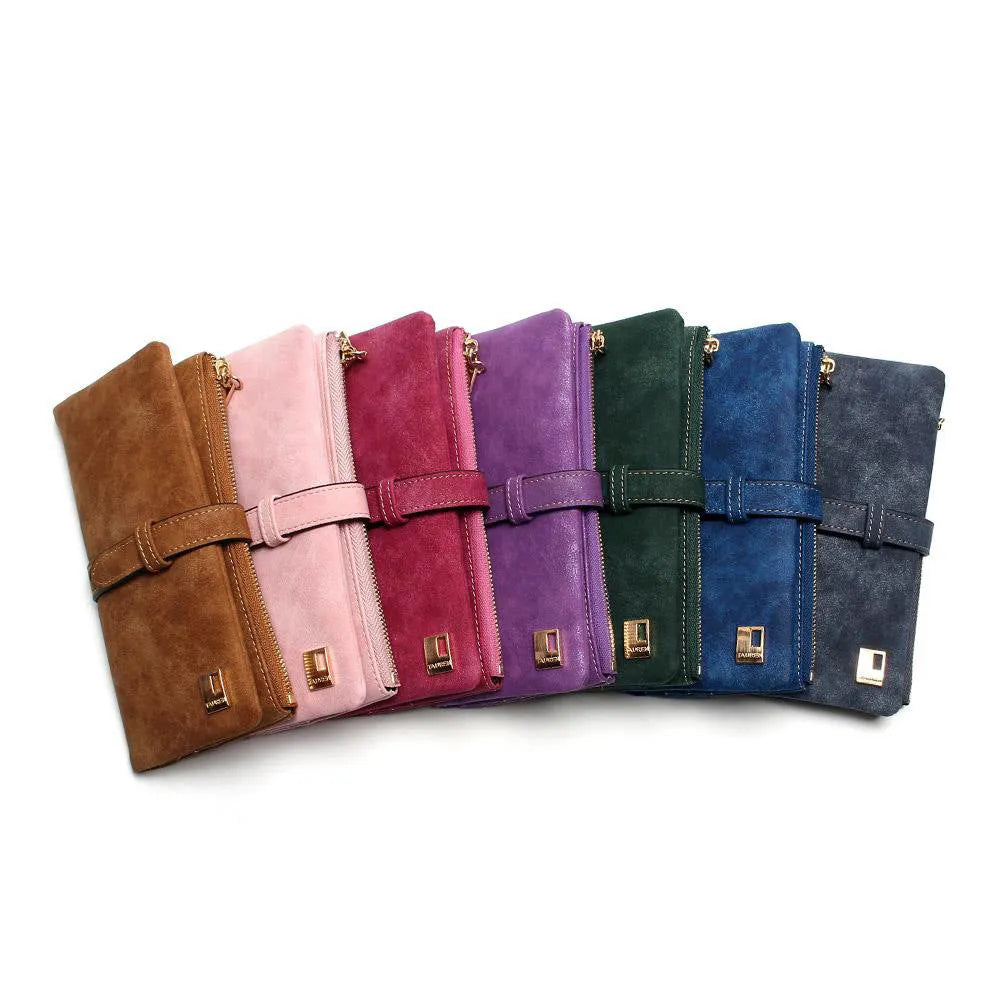 Korean retro matte Pu leather women's vertical long wallet with zip closure showing multiple card slots