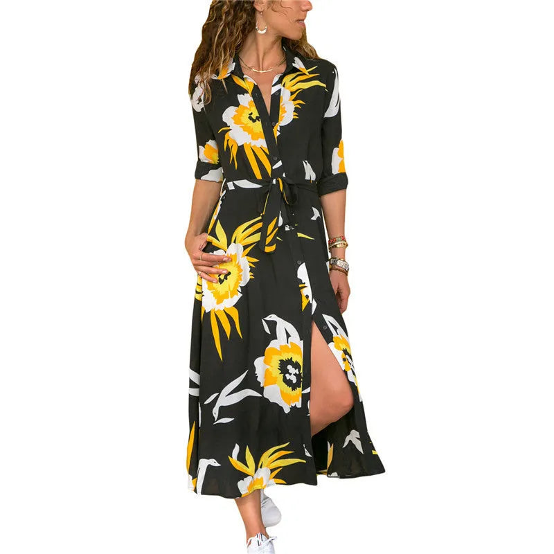 Women's V-neck chiffon dress with high waist and A-line skirt in a printed pattern.