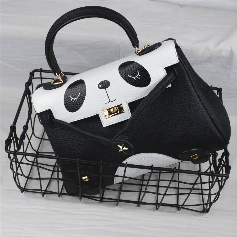 Panda print cowhide leather handbag in horizontal square shape showing animal pattern