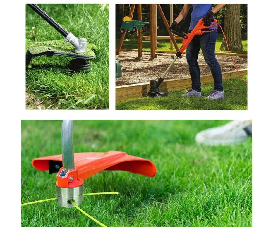 Silver aluminium lawn mower grass rope head with four light yellow square cutting lines and a wrench.