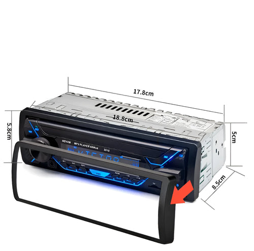 Bluetooth car stereo MP3 player with LCD display, rotary volume knob, USB port and remote control