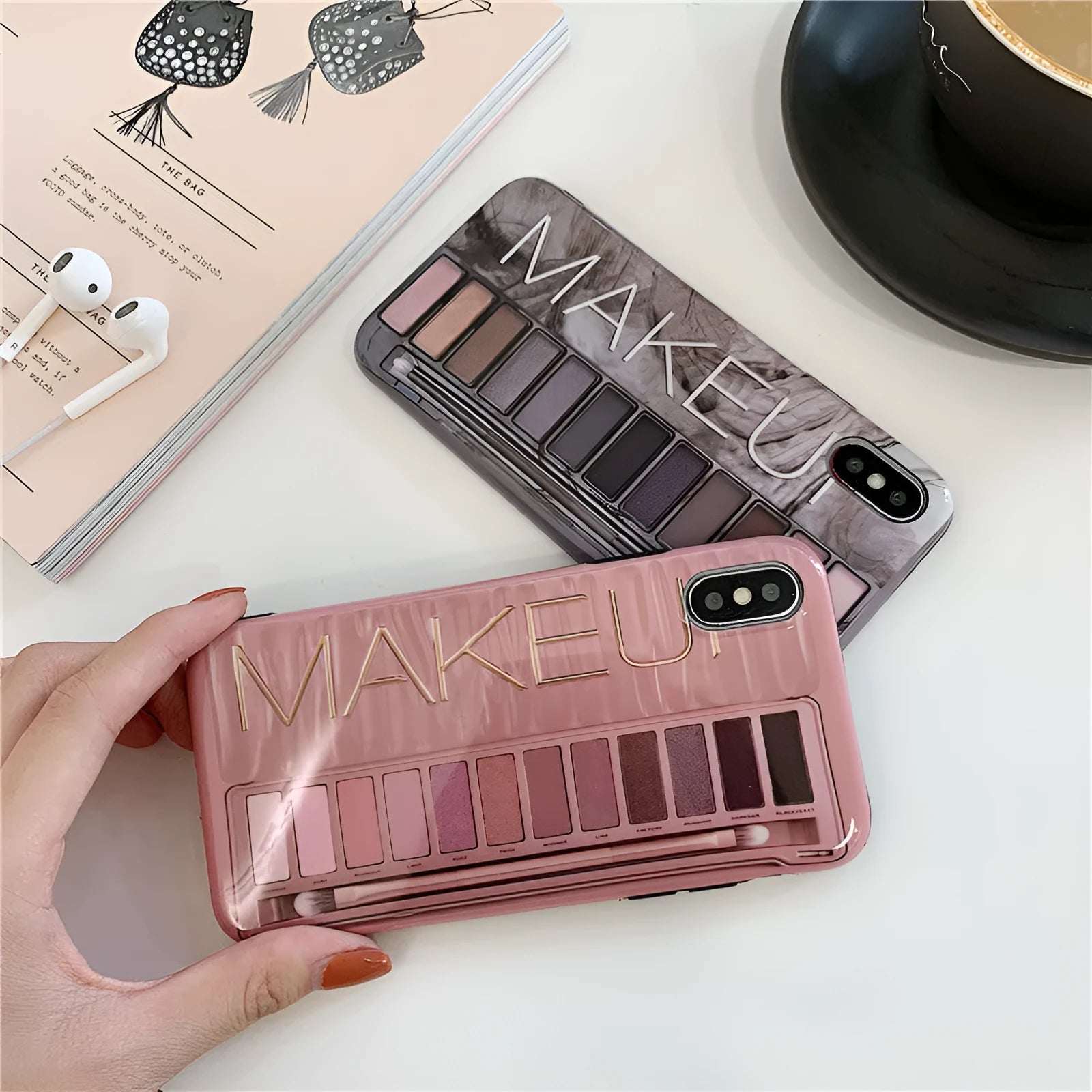 Silicone iPhone case with eye shadow design in flesh and grey colours