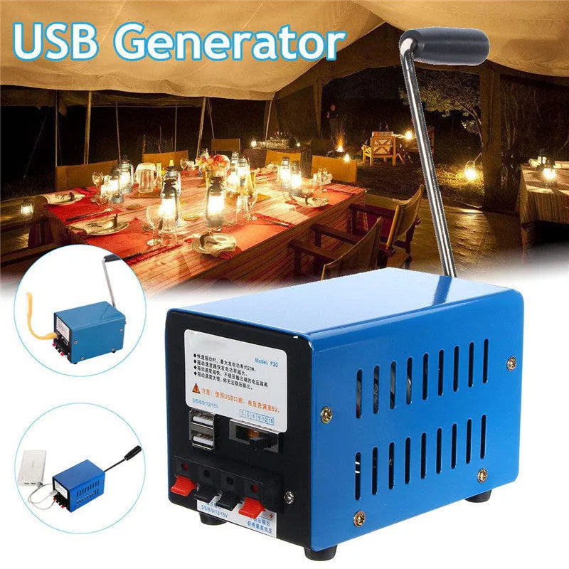 Blue metal hand crank emergency USB power generator showing handle and output ports.