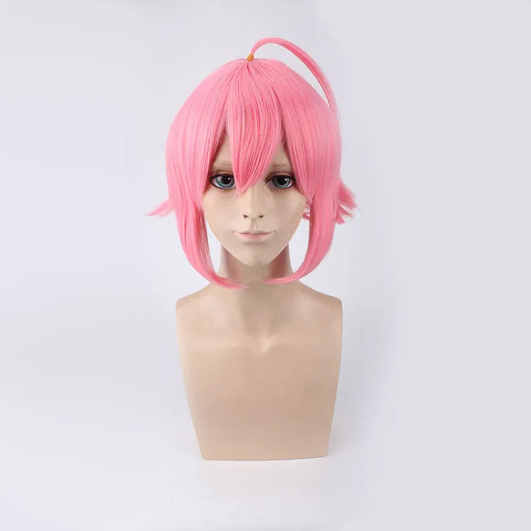 Pink upturned cosplay wig with artificial scalp and rose net lining, 35cm length