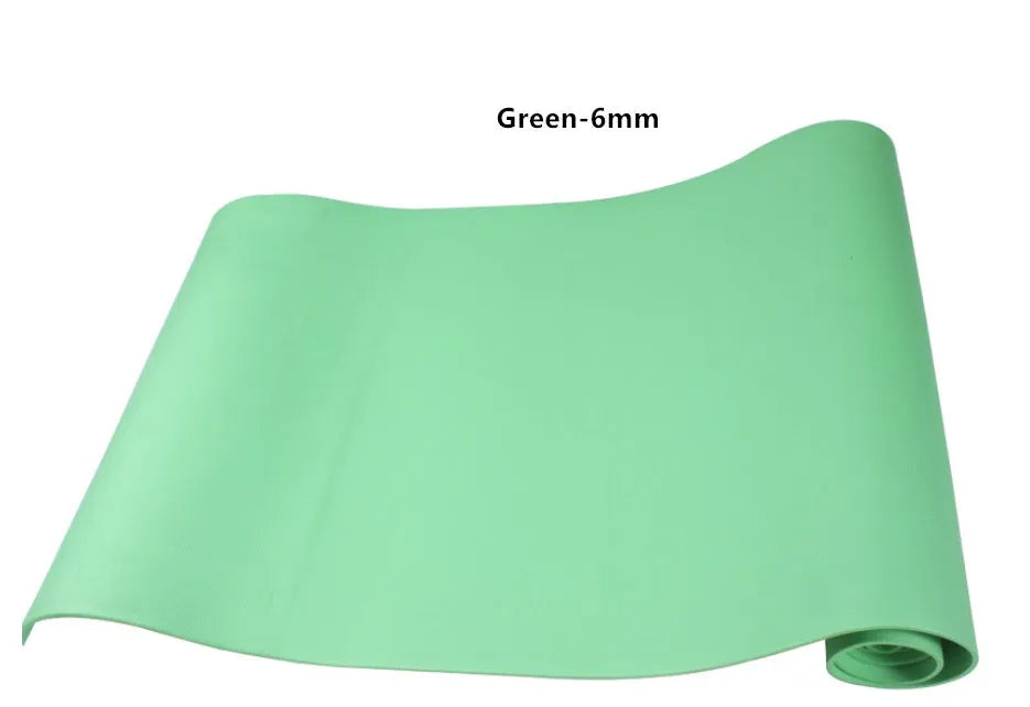 EVA yoga mat in red showing rolled and flat positions, demonstrating 4mm and 6mm thickness options.