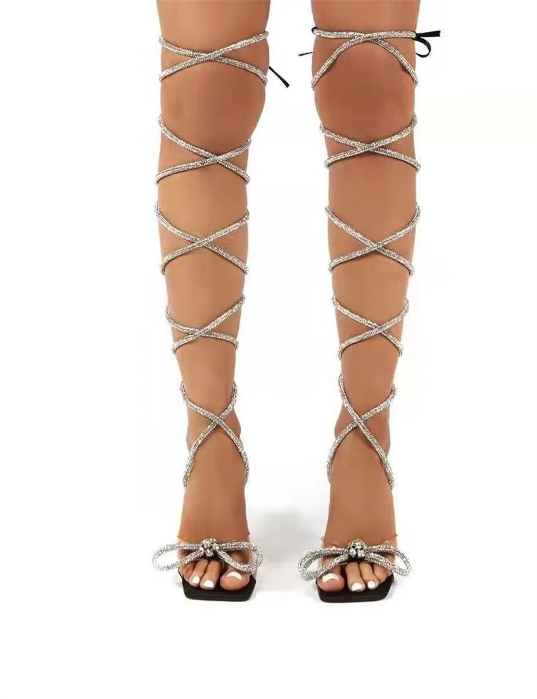 Plus size women's strappy sandals with rhinestone Roman-style straps and square toe in three colour options