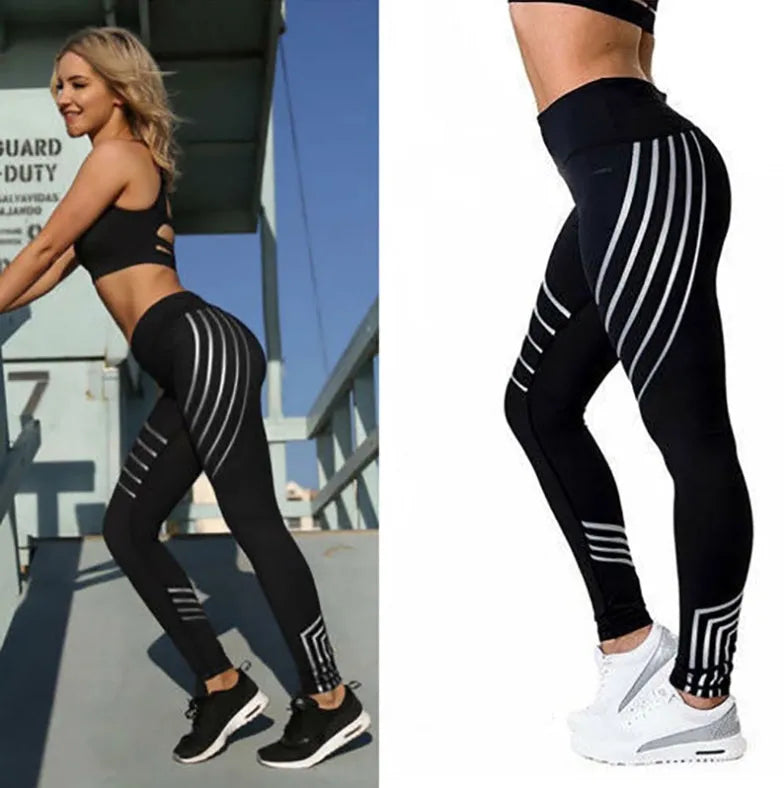 Women's black and white glow-in-the-dark workout leggings with slim-fit design